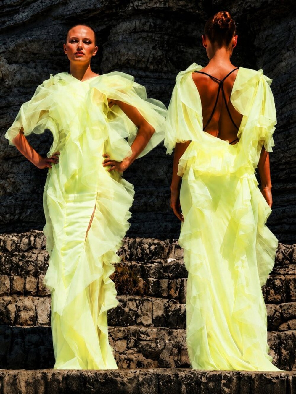 💥A BOMBSHELL!💥3D Ruffled Tulle Laced Gown with Chain Harness Back in Yellow